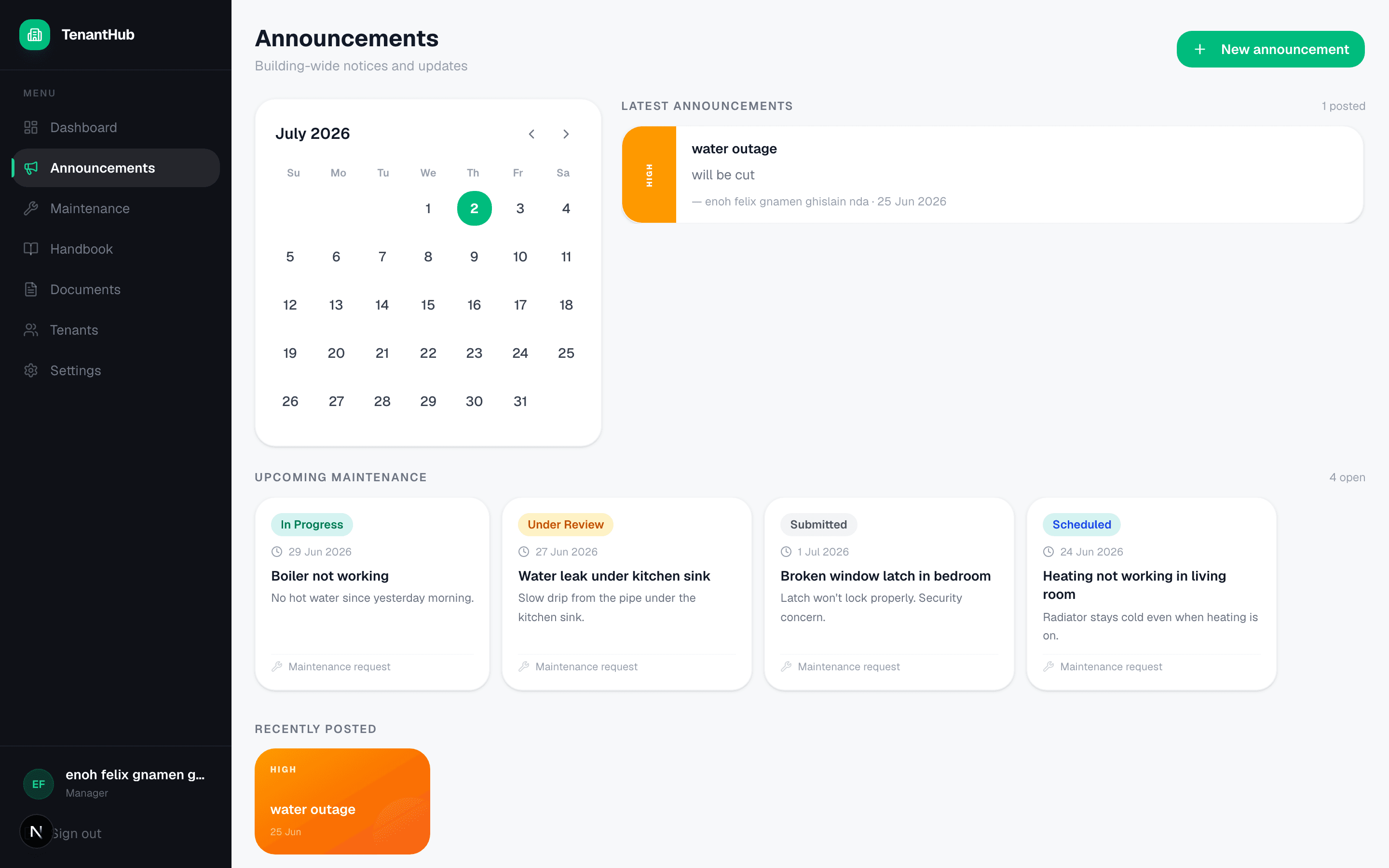 TenantHub Announcements